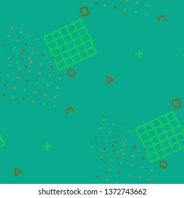Retro Memphis Texture. Seamless Background for Wallpaper, Fabric, Swimwear in Trendy Style. Bright Geometric Pattern with Hand Drawn Scribble Elements. Colorful Triangles, Rings, Zigzags and Dots.