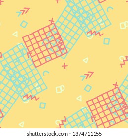 Retro Memphis Texture. Seamless Background for Wallpaper, Calico, Fabric in Trendy Style. Colorful Geometric Pattern with Hand Drawn Scribble Elements. Colorful Triangles, Rings, Zigzags and Dots.