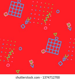 Retro Memphis Texture. Seamless Background for Banner, Poster, Cover in Trendy Style. Colorful Geometric Pattern with Hand Drawn Scribble Elements. Colorful Triangles, Rings, Zigzags and Dots.