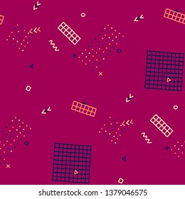 Retro Memphis Texture. Seamless Background for Banner, Poster, Cloth in Trendy Style. Colorful Geometric Pattern with Hand Drawn Scribble Elements. Colorful Triangles, Rings, Zigzags and Dots.