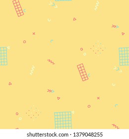 Retro Memphis Texture. Seamless Background for Card, Print, Textile in Trendy Style. Bright Geometric Pattern with Hand Drawn Scribble Elements. Colorful Triangles, Rings, Zigzags and Dots.