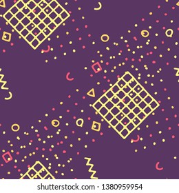 Retro Memphis Texture. Seamless Background for Wallpaper, Fabric, Cloth in Trendy Style. Colorful Geometric Pattern with Hand Drawn Scribble Elements. Colorful Triangles, Rings, Zigzags and Dots.