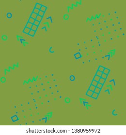 Retro Memphis Texture. Seamless Background for Wallpaper, Print, Textile in Trendy Style. Bright Geometric Pattern with Hand Drawn Scribble Elements. Colorful Triangles, Rings, Zigzags and Dots.