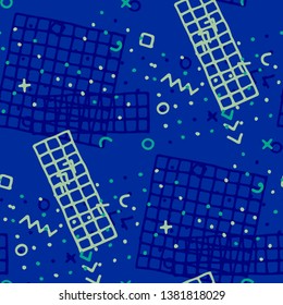 Retro Memphis Texture. Seamless Background for Card, Banner, Cover in Trendy Style. Bright Geometric Pattern with Hand Drawn Scribble Elements. Colorful Triangles, Rings, Zigzags and Dots.