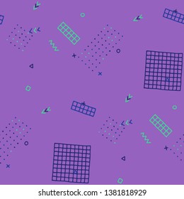 Retro Memphis Texture. Seamless Background for Card, Banner, Cover in Trendy Style. Colorful Geometric Pattern with Hand Drawn Scribble Elements. Colorful Triangles, Rings, Zigzags and Dots.