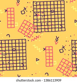 Retro Memphis Texture. Seamless Background for Wallpaper, Fabric, Cloth in Trendy Style. Colorful Geometric Pattern with Hand Drawn Scribble Elements. Colorful Triangles, Rings, Zigzags and Dots.