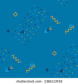 Retro Memphis Texture. Seamless Background for Wallpaper, Calico, Fabric in Trendy Style. Bright Geometric Pattern with Hand Drawn Scribble Elements. Colorful Triangles, Rings, Zigzags and Dots.