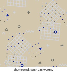 Retro Memphis Texture. Seamless Background for Wallpaper, Fabric, Cloth in Trendy Style. Colorful Geometric Pattern with Hand Drawn Scribble Elements. Colorful Triangles, Rings, Zigzags and Dots.