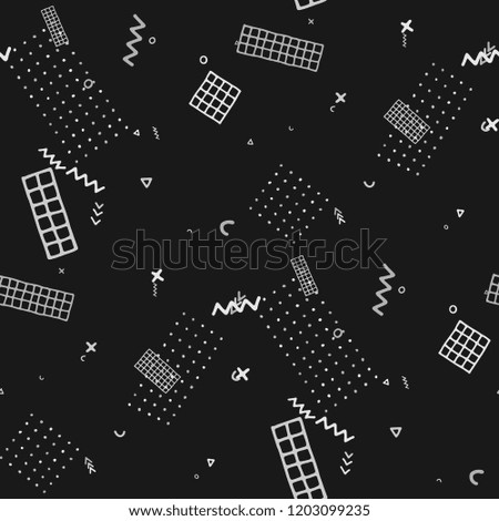 Retro Memphis Texture. Seamless Background for Wallpaper, Fabric, Swimwear in Trendy Style. Bright Geometric Pattern with Hand Drawn Scribble Elements. Colorful Triangles, Rings, Zigzags and Dots.