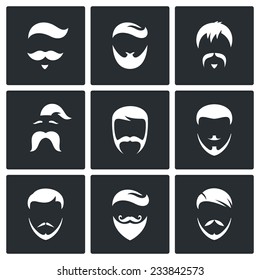 Retro Mens Hair Styles Vector Isolated Flat Icons Set