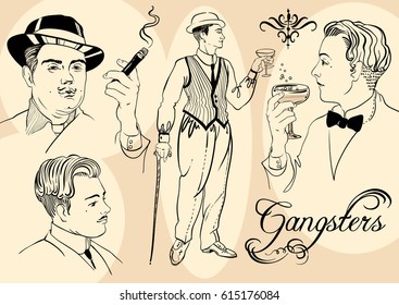 Retro men`s set: sketch style mafia and gangsters of twenties, Vector illustration