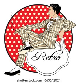 Retro men`s set: vector pretty style fashion man. Beautiful vintage emblem isolated. 1920s, people, fashion, retro, party, Chicago. Prints, posters, logo, icons, textile, t-shirts.