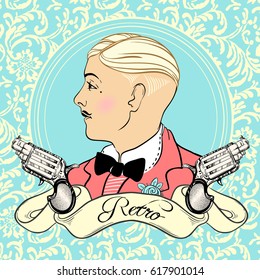 Retro men`s set: vector vintage illustration with elegant gangster and gun revolvers