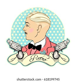 Retro men`s set: vector vintage illustration with gangster and gun revolvers isolated on white