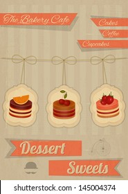 Retro Menu for the Cafe, Pastry Shop, Confectionery - Strawberry, chocolate and cherry Cake  - vector illustration