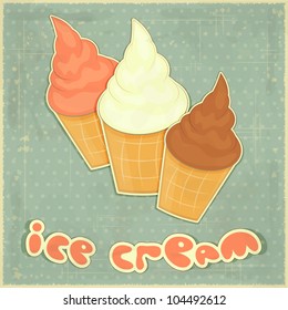 Retro Menu card - strawberry, chocolate and vanilla ice cream on Vintage background - vector illustration