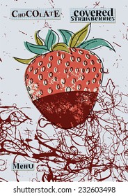 Retro menu design "Chocolate covered strawberry". Strawberry in dark chocolate. Vector illustration