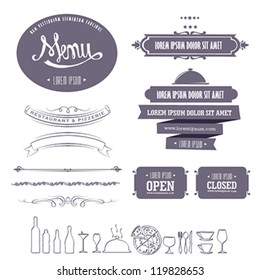 Retro menu design element set for restaurant and pizza shop