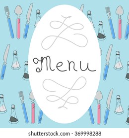 Retro Menu Design with hand drawn lettering and flatware - knife, fork, spoon, salt and pepper spices. Flat Vector Illustration.