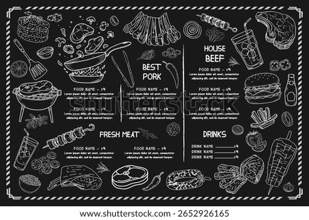 A retro menu poster created with white chalk drawings on a black background. A simple menu format highlighting grilled meats.