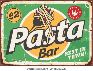 Retro menu poster design for pasta bar. Fork with spaghetti vintage advertising sign layout. Italian restaurant fast food vector illustration.