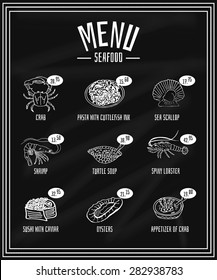 Retro menu of seafood and delicacies on the blackboard, crab, scallops, oysters, turtle soup, pasta, sushi, shrimp, lobster, soup, appetizer