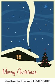 Retro Merry Christmas Greeting Card Stylization, Mid Century Modern Style Illustration, Country House, Snowfall, Christmass Tree, Night Scene