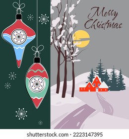 Retro Merry Christmas greeting card, background. Christmas balls, winter village