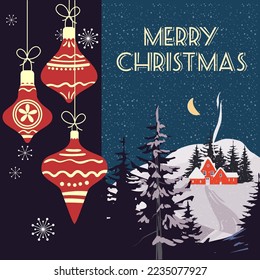 Retro Merry Christmas greeting card, background. Christmas balls, winter village