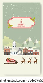 Retro Merry Christmas Greeting Card Flat Style Vector Illustration. 