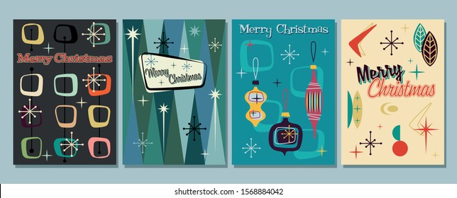 Retro Merry Christmas Greeting Cards, Mid Century Modern Art Style, Vintage Colors and Shapes, Christmas Decorations and Snowflakes