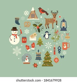 Retro Merry Christmas icons, elements and illustrations. Greeting Card Seasons Greetings. Set of Christmas elements. Snowflakes,  christmas tree, gifts, animals and birds.