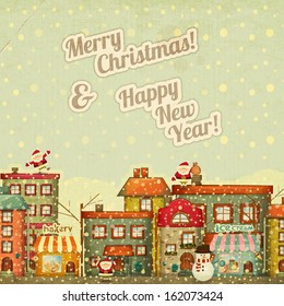 Retro Merry Christmas And New Years Card With Santa Claus And Snowman On A Vintage Background Winter Town. Vector Illustration.