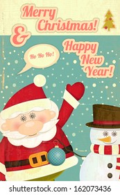 Retro Merry Christmas and New Years Card with Santa Claus and Snowman on a Vintage background. Vertical format. Vector illustration.