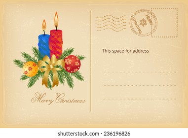 Retro Merry Christmas post card with candles. Vector illustration