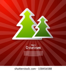 Retro Merry Christmas Red Vector Background with Green Trees Made from Paper