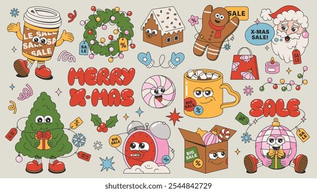 Retro Merry Christmas sale collection. Tree, Santa Claus, gingerbread, sweets, wreath, garland, gifts, ball, sale tags of trendy vintage mascot style. Groovy cartoon new year pack