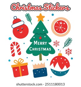 Retro merry Christmas sticker set, vintage holiday icons, funky winter graphics for Santa lovers.