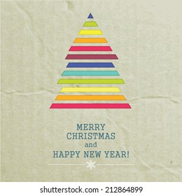 Retro Merry Christmas with Christmas Tree on a Vintage background. Vector illustration.  Vintage style. Multicolor Christmas tree