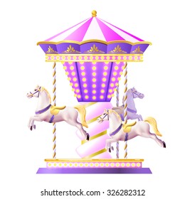 Retro merry-go-round carousel with realistic white toy horses and golden lights vector illustration