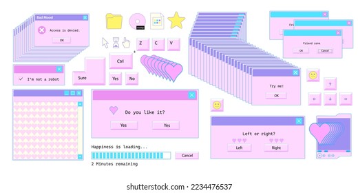 Retro message box with buttons, icons. Old user interface. Old style operating system. Window with push notification. Nostalgia set of 1990s, 2000s pc elements. Y2K and retrowave style illustration