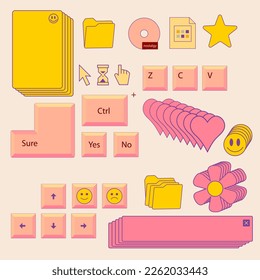 Retro message box, keyboard buttons, icons. Old user interface. Old style operating system. Window with push notification. Nostalgia set of 1990s, 2000s pc elements. Groovy Y2K style illustration.