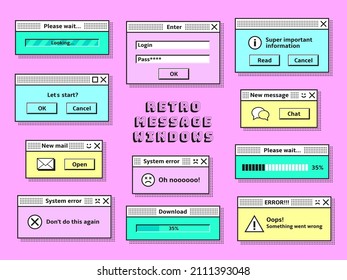 Retro Message Windows. Pc Vintage Hipster Mail Cloud, 1990s Technology Messages Interface Elements. Trendy Old Computer Browser Tidy Template Vector Kit