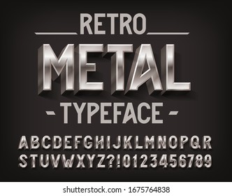 Retro Metal alphabet font. 3D metallic letters and numbers. Stock vector typescript for your design.