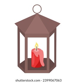 Retro metal lantern with burning red candle, front view, flat vector