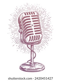 Retro metal microphone on stand. Podcast mic. Vintage vector illustration