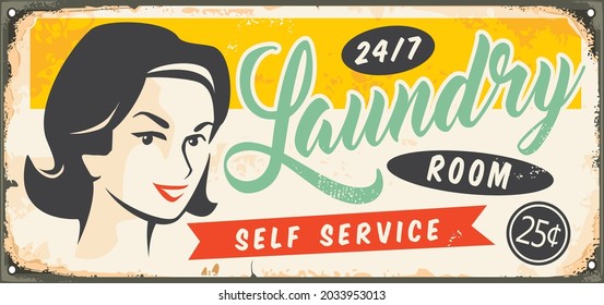Retro metal sign for laundry room with 1960s comic style pretty girl portrait. Vintage laundry service tin sign. Washing and cleaning retro ad. Laundromat and coin wash vector advertisement.