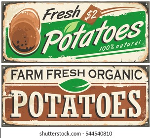 Retro metal signs set with farm fresh potatoes. Vintage vector vegetables illustration.