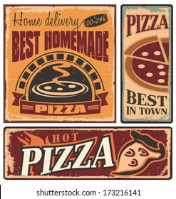 Retro metal signs set for pizzeria or Italian restaurant. Vintage pizza concept on old, rusty background. 