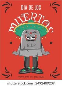 Retro Mexican Day of the Dead greeting card. Groovy Gravestone character with sugar skull makeup wearing a sombrero. Dia De Los Muertos. 60s-70s cartoon style.